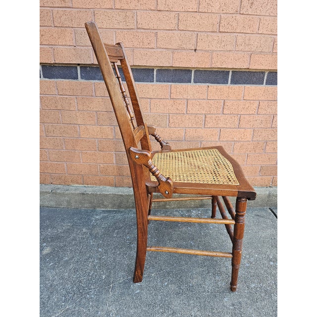 Brown Pair of Victorian Walnut Carved and Spindle Cane Seat Side Chairs For Sale - Image 8 of 10