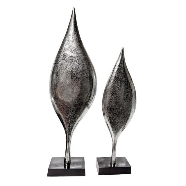 Contemporary Pair of Tall Contemporary Decorative Polished Silver Metal Leaf Sculptures For Sale - Image 3 of 5