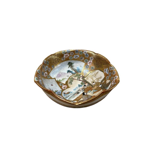 1970s Oriental Flower Star Shape Porcelain Plates Golden Scenery Graphic For Sale - Image 5 of 6