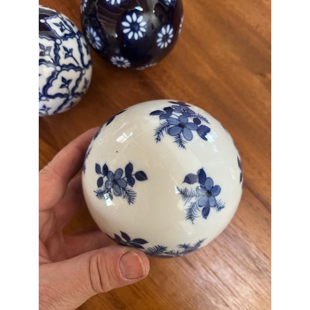English Blue and White Floral Ceramic Balls - Set of 3 For Sale - Image 3 of 7