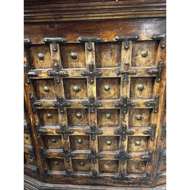 Wood 1940s Mexican Colonial Style Rustic Bar With Iron Strapwork & Carved Columns For Sale - Image 7 of 11