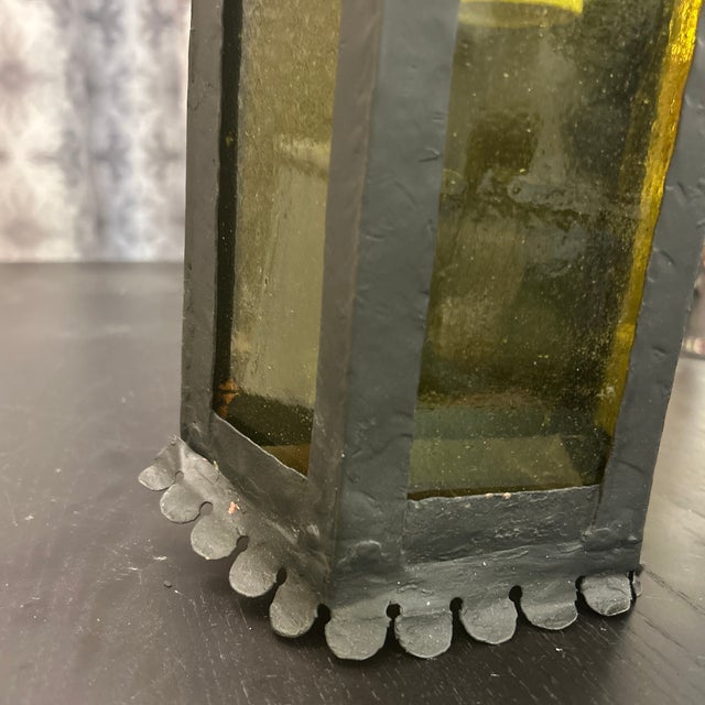 Antique Black Metal Wall Lantern Light With Blown Glass Panels For Sale In Miami - Image 6 of 11