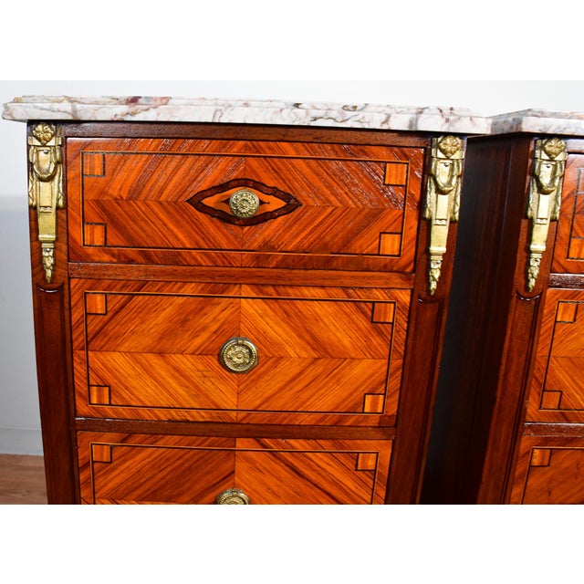 1900 Pair Antique French Louis XVI Walnut & Satinwood Marble Top Lingerie Stands For Sale - Image 4 of 12