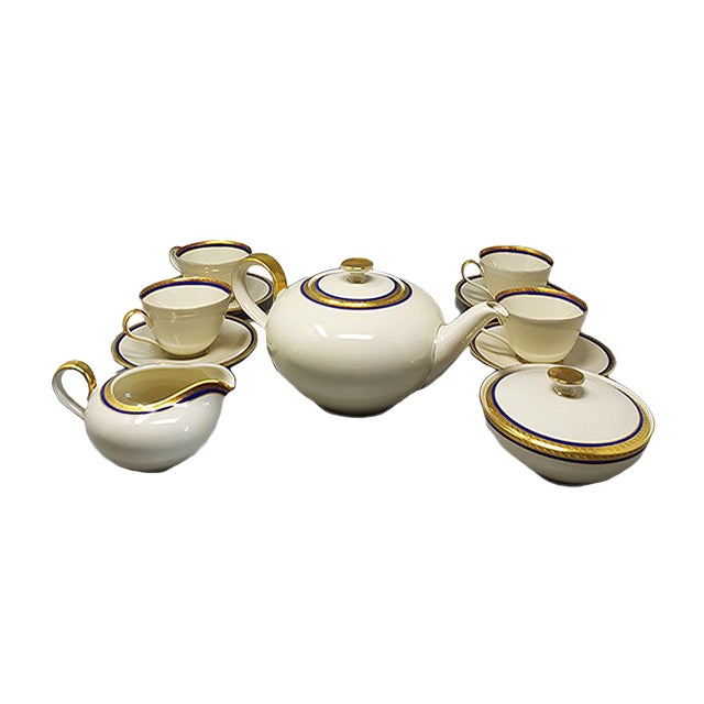 German White, Blue and Gold Porcelain Tea Set/Coffee Set, 1950s, Set of 11 For Sale