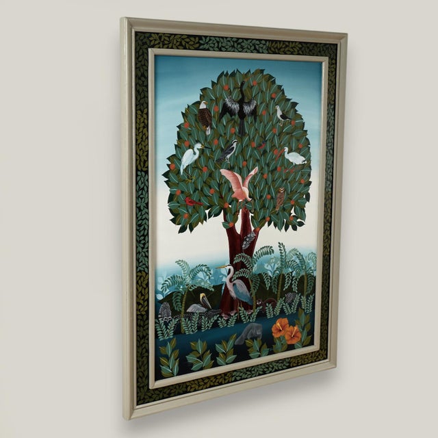 Eye catching acrylic painting on canvas of a tree with birds and fruit executed in a naive modernist style. Signed Ruth...