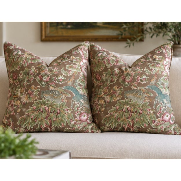 A beautiful pair of custom pillows made from Cowtan & Tout 11701-03, an exquisite 100% linen featuring an elaborate bird-...