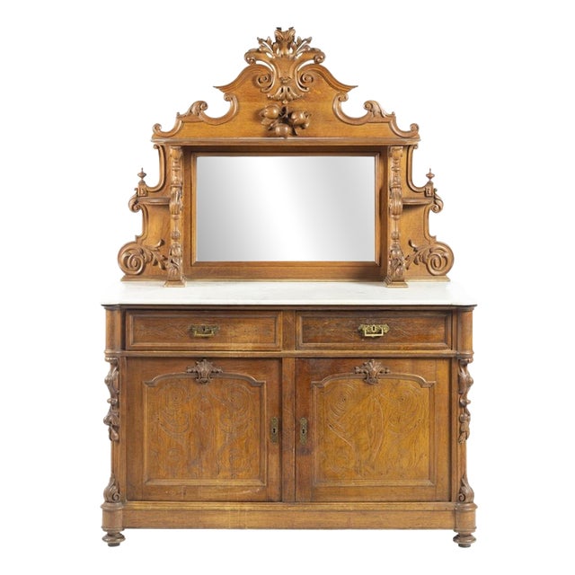 19th Century Henry II Oak and Marble Sideboard with Mirror For Sale
