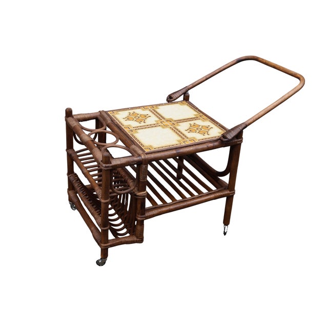 Mid-Century Modern 1960s Italian Bamboo & Rattan Tile-Top Drinks Trolley Bar Cart For Sale - Image 3 of 18