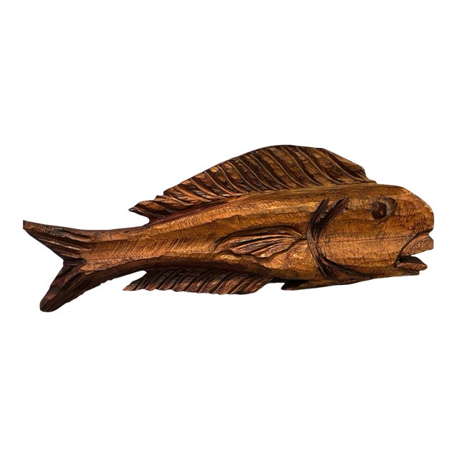 Hand-Carved Wooden Rich Grain Fish Sculpture - 25" Long For Sale