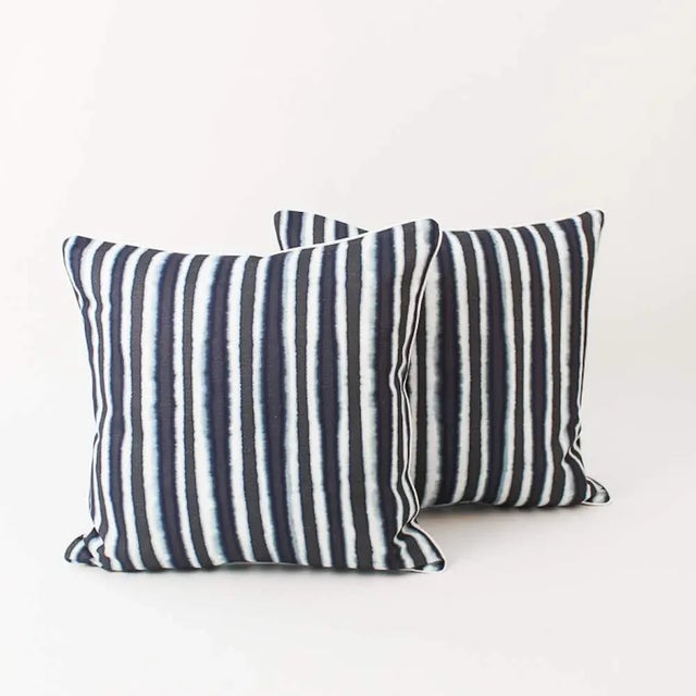 Pair of custom blue-and-ivory ombré striped pillow covers. Patterns on fronts with solid coordinating ivory linen backs...