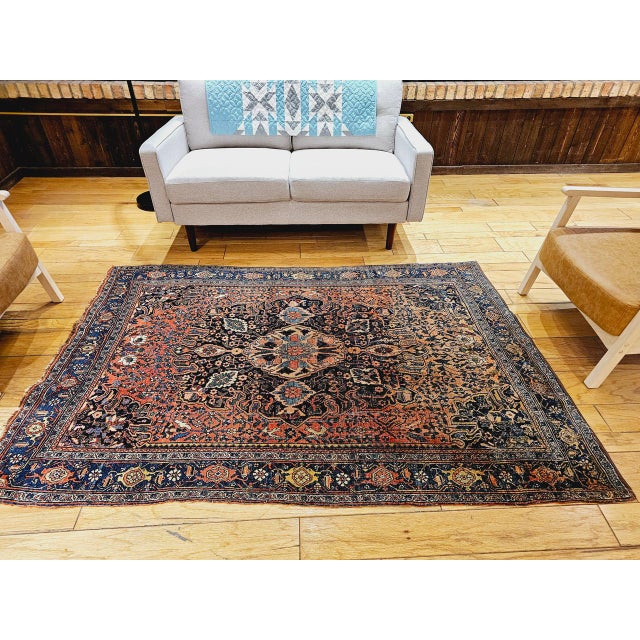 Early 20th Century Persian Bidjar Rug, Hand-Knotted Wool, Medallion Geometric Pattern, Red & Blue, 5x7 For Sale - Image 16 of 18
