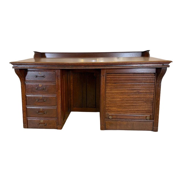 Restored Antique Quarter Sawn Oak Clerks Desk For Sale
