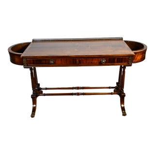 1920 Antique Regency Burl Walnut & Mahogany Sofa Table Console Copper Planters For Sale