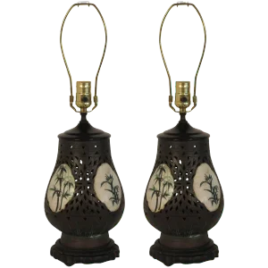 1920s Asian Ceramic Porcelain Lamps - a Pair