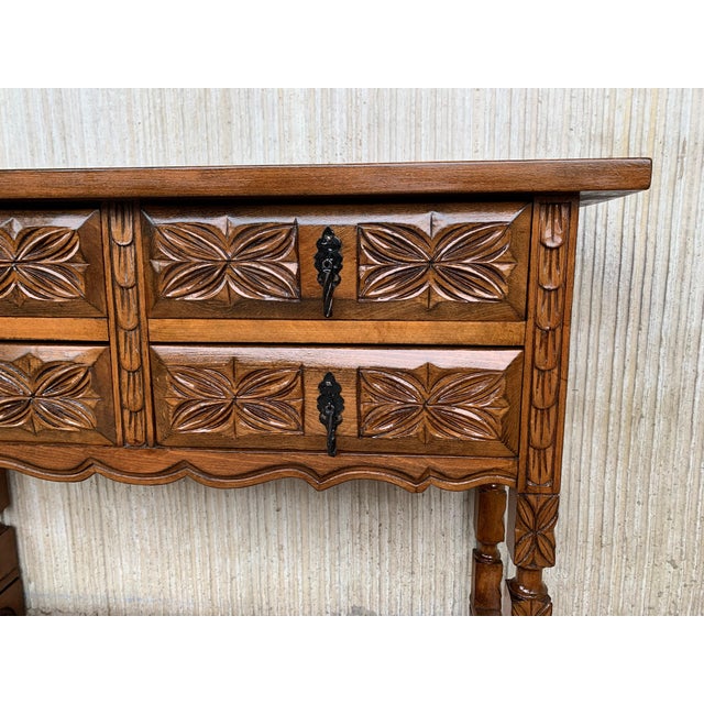 Brown 19th Century Catalan Spanish Carved Walnut Console Sofa Table, Four Drawers For Sale - Image 8 of 18