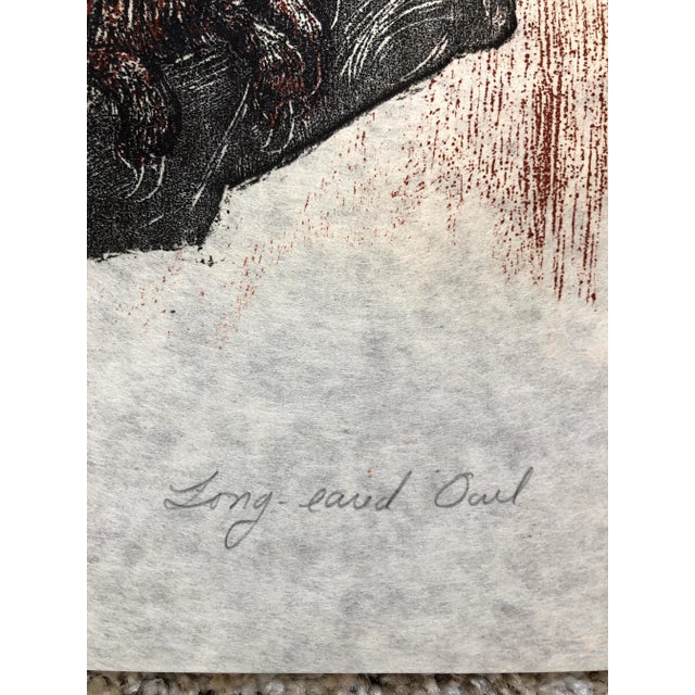 Farmhouse 1975 Martha Cawley Woodblock Print, Long-Eared Owl, #1/100 For Sale - Image 3 of 7