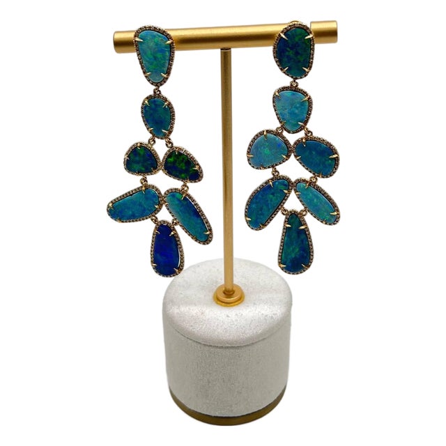 Blue Opals Diamond Halo 18 Karat Yellow Gold Drop Statement Unique Earrings, A Pair For Sale