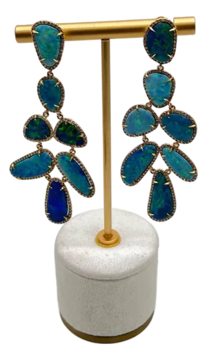 Blue Opals Diamond Halo 18 Karat Yellow Gold Drop Statement Unique Earrings, A Pair