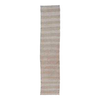 Mid 20th Century Vintage Turkish Kilim Runner With Stripes in Light Taupe and Neutral Tones For Sale