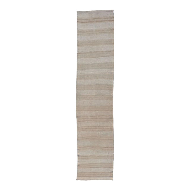 Mid 20th Century Vintage Turkish Kilim Runner With Stripes in Light Taupe and Neutral Tones For Sale