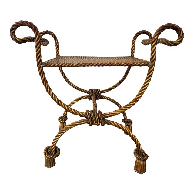 1950s An Italian Hollywood Regency Gilded Faux Rope Curule Stool For Sale