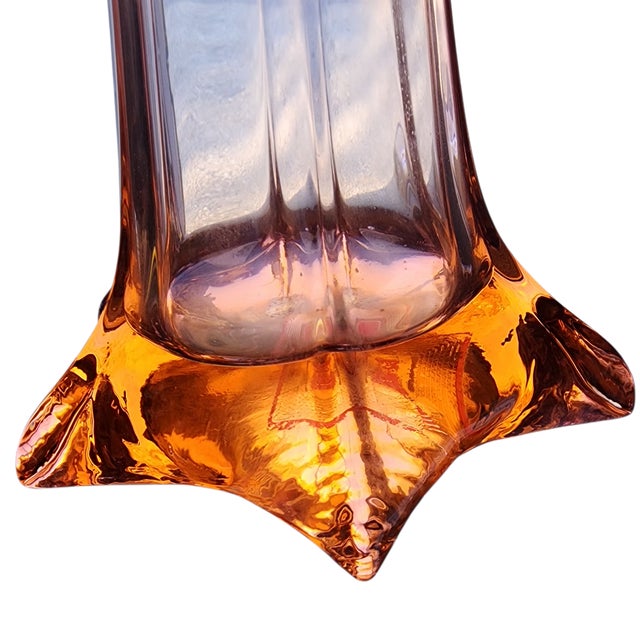 Glass Monumental 32" Cranberry Swung Art Glass Floor Vase, Optic Ribbed Star Foot, MCM For Sale - Image 7 of 11