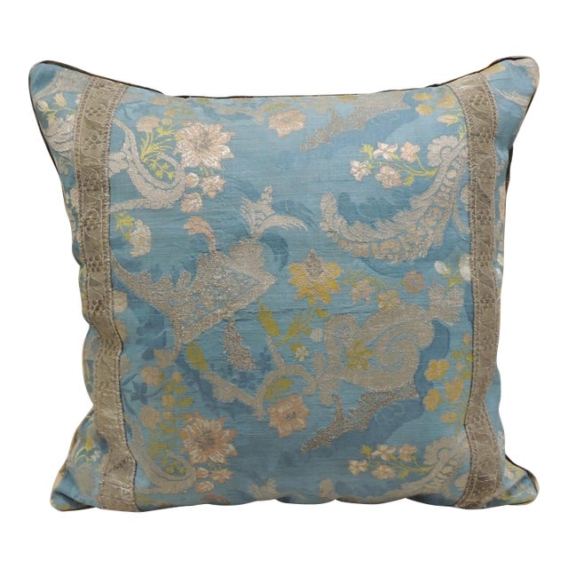 Antique Blue & Gold French Silk Embroidery Square Decorative Pillow For Sale