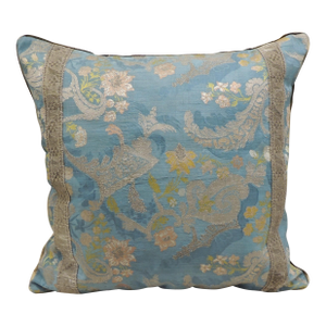Antique Blue & Gold French Silk Embroidery Square Decorative Pillow