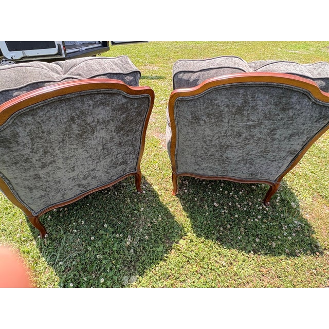 French Mid 20th Century Classic French Carved Walnut Bergere Club Chairs For Sale - Image 3 of 11