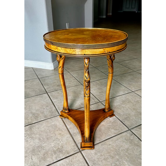Smaller scale Empire style occasional side table or tea table with carved maple base in swan motif, with burl wood top....