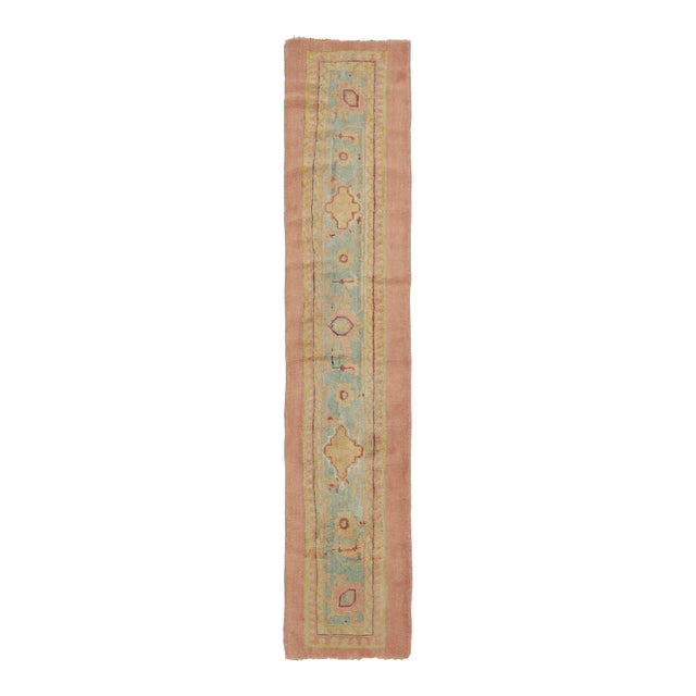 Antique Turkish Oushak Runner in Blue & Peach With Floral Geometry - Rug & Kilim For Sale