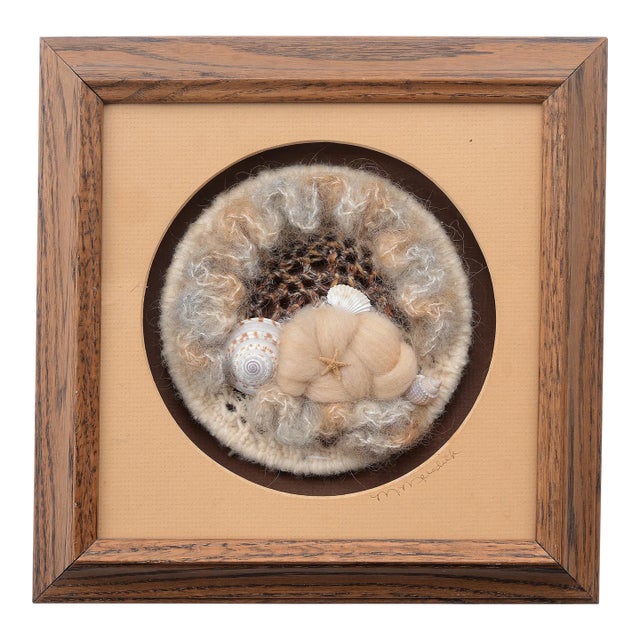 Vintage 70s Boho M. Meredith Wool Fiber Art With Seashells Wallhanging For Sale