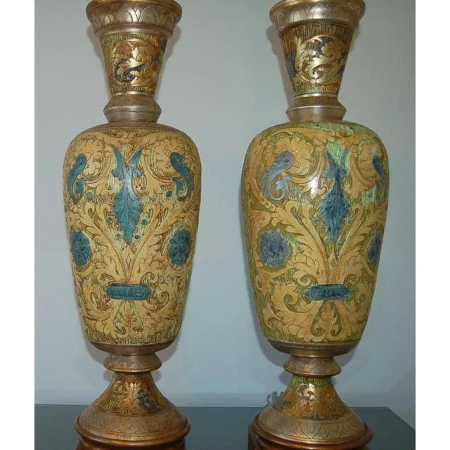 The Marbro Lamp Company Vintage Marbro Ceramic Egyptian Lamps of Gold - a Pair For Sale - Image 4 of 10