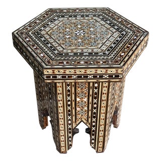 Vintage Marquetry Wood Inlay With Mother-of-Pearl Hexagonal Side Table For Sale