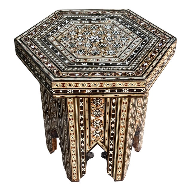 Vintage Marquetry Wood Inlay With Mother-of-Pearl Hexagonal Side Table For Sale