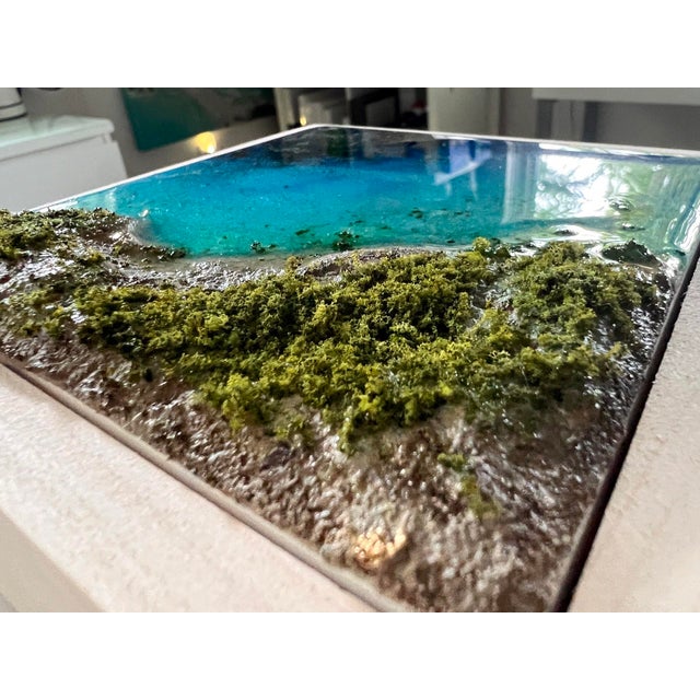 Flying Over the Ocean #10 by Ana Hefco | Layered tinted resin & Mixed Media on wood panel aerial view of ocean and shore For Sale - Image 4 of 5