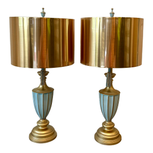 Vintage Solid Brass Enameled French Blue and Gold Table Lamps - A Pair