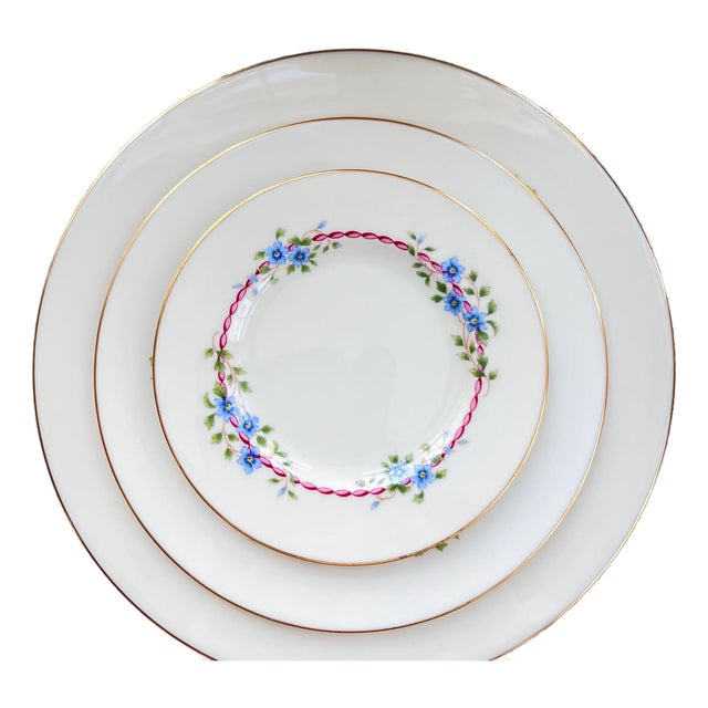 1980s Lenox “Belvidere” vintage fine china // 12 4-piece place settings // blue flowers and pink ribbon with gold rim // wedding gift For Sale