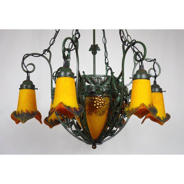 Art Deco Wrought Iron Pate de Verre Glass Chandelier, France, 1990s For Sale - Image 3 of 18