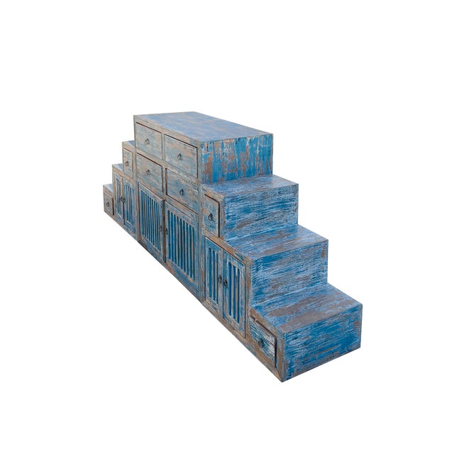 Wood Distressed Teal Blue Triangle Step Tansu Storage Cabinet Display Room Divider For Sale - Image 7 of 8