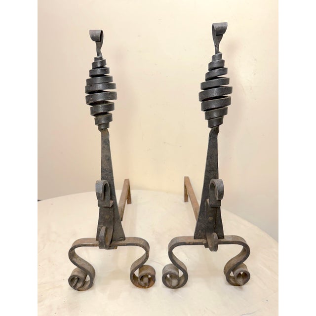 19th Century Rare Antique 19th Century Hand Wrought Iron Fireplace Firedogs Black Andirons For Sale - Image 5 of 13