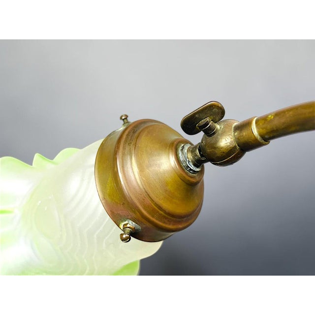 Art Nouveau Whiplash Curve Brass Tulip and Green Glass Table Lamp, 1950s For Sale - Image 11 of 14