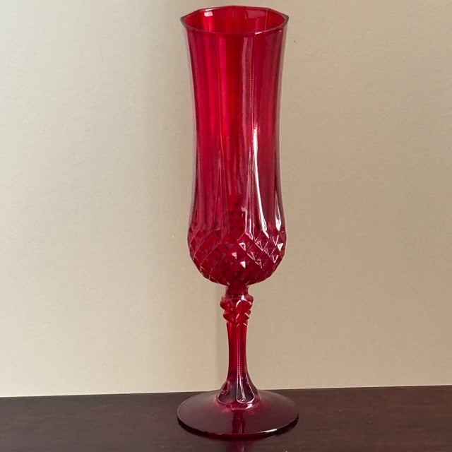 French Cristal d'Arques Ruby Red Cut Crystal Champagne Flutes -- Set of 4 For Sale - Image 9 of 17
