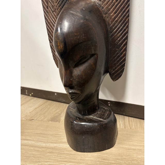 Figurative Mid 20th Century Carved African Female Bust | Ebony Hardwood Sculpture | 26” Tall Modernist Figurative Art For Sale - Image 3 of 14