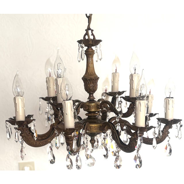 Vintage French Brass and Lead Crystal Chandelier, 1950s For Sale - Image 14 of 14