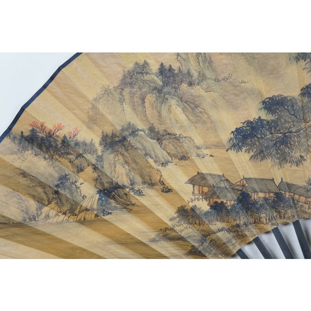 Beige Mid 20th Century Chinese Calligraphy Mountain Village Landscape Folding Fan For Sale - Image 8 of 18