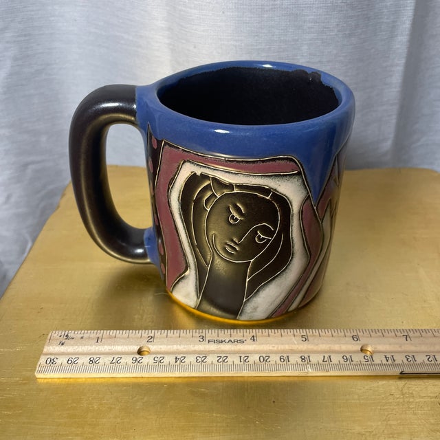 1980s Vintage Mara Oversized Pottery Mug Blue Mexican With 3 Female Faces Coffee Cup Signed Mexico For Sale - Image 5 of 6