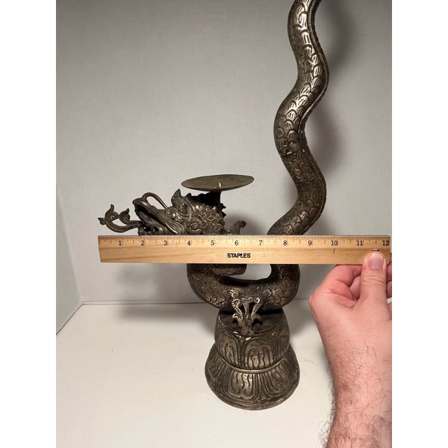 Vintage Chinese Cast Metal Candle Stake Dragon Shape 23"h Plus 2 Candles For Sale - Image 9 of 12