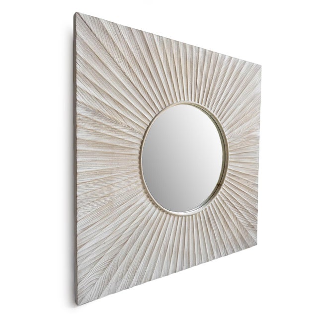 Whitewashed pine wood square framed wall mirror. Beautiful carved sunburst design. Round mirror in center measures 23.5"...