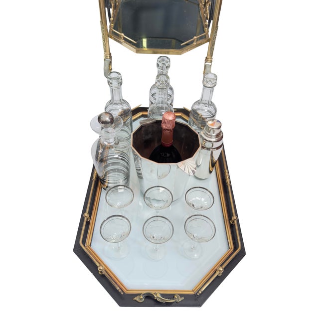 Art Deco Mid 20th Century Hollywood Regency Beveled Glass Mid-Century French Tea/Bar Trolley Cart For Sale - Image 3 of 6